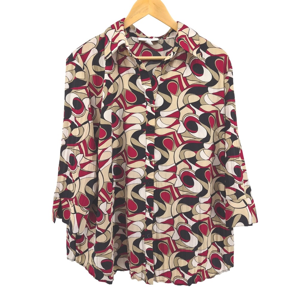 Dressbarn Woman 1X Retro Abstract Blouse 70s Style Geometric Print‎ Button Front